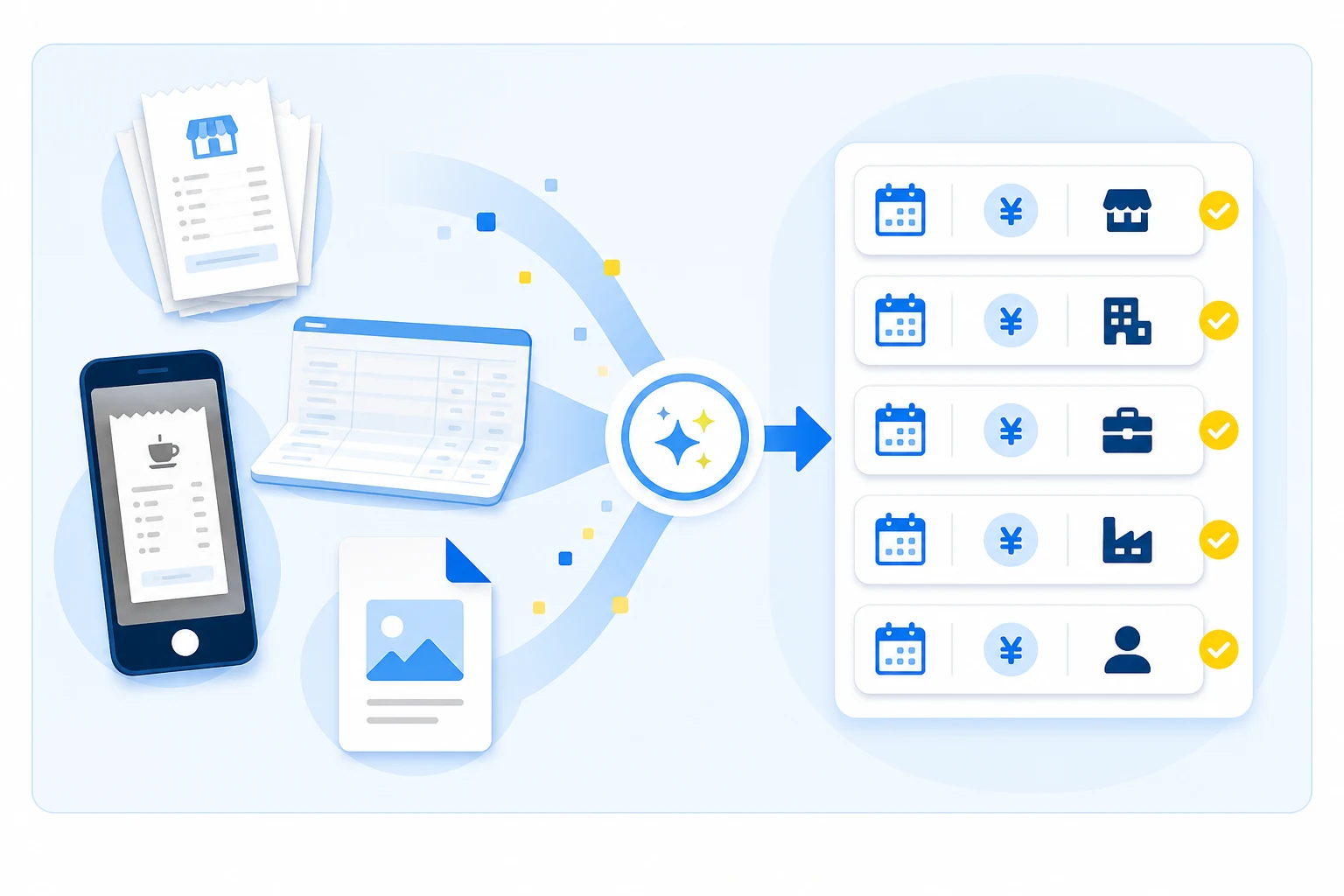 紙の領収書、画像、PDF、通帳データが一つの明細一覧へ整理されるイラスト